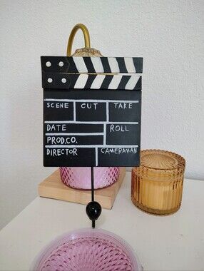 Film Clapperboard Decorative Sign With Coat/ Hat Hook  - Black & White Metal